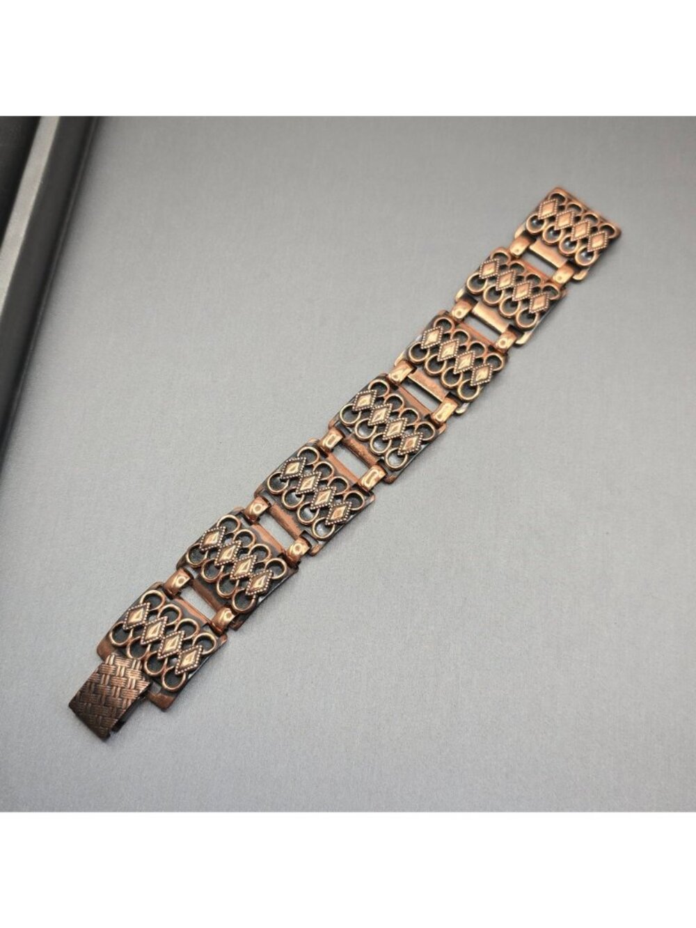 Vintage Copper Filigree Panel Bracelet 7" Wide Boho Geometric Link Statement - Picture 8 of 12